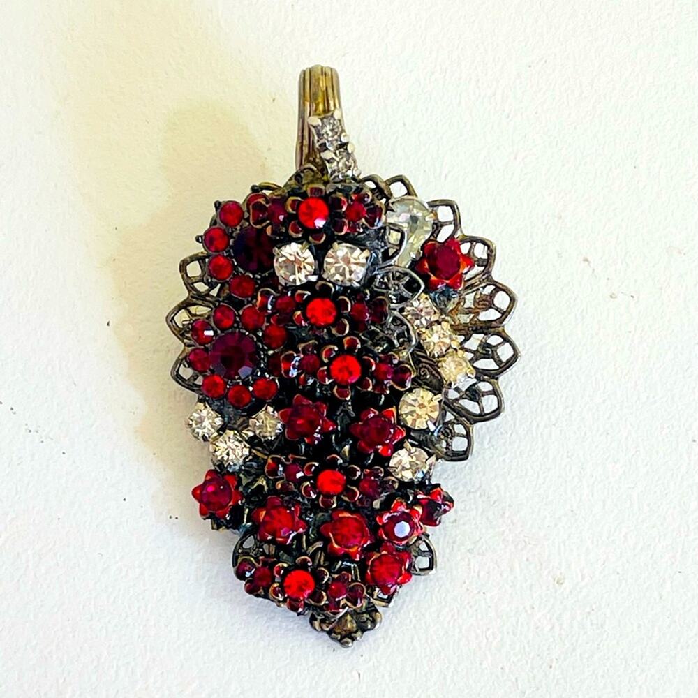 Vtg Clear & Red Rhinestone Flower Brooch Victorian Gothic Cluster Pin